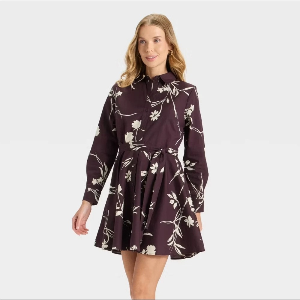 Dark Maroon/Purple Floral Button-Front Belted Shirt Dress